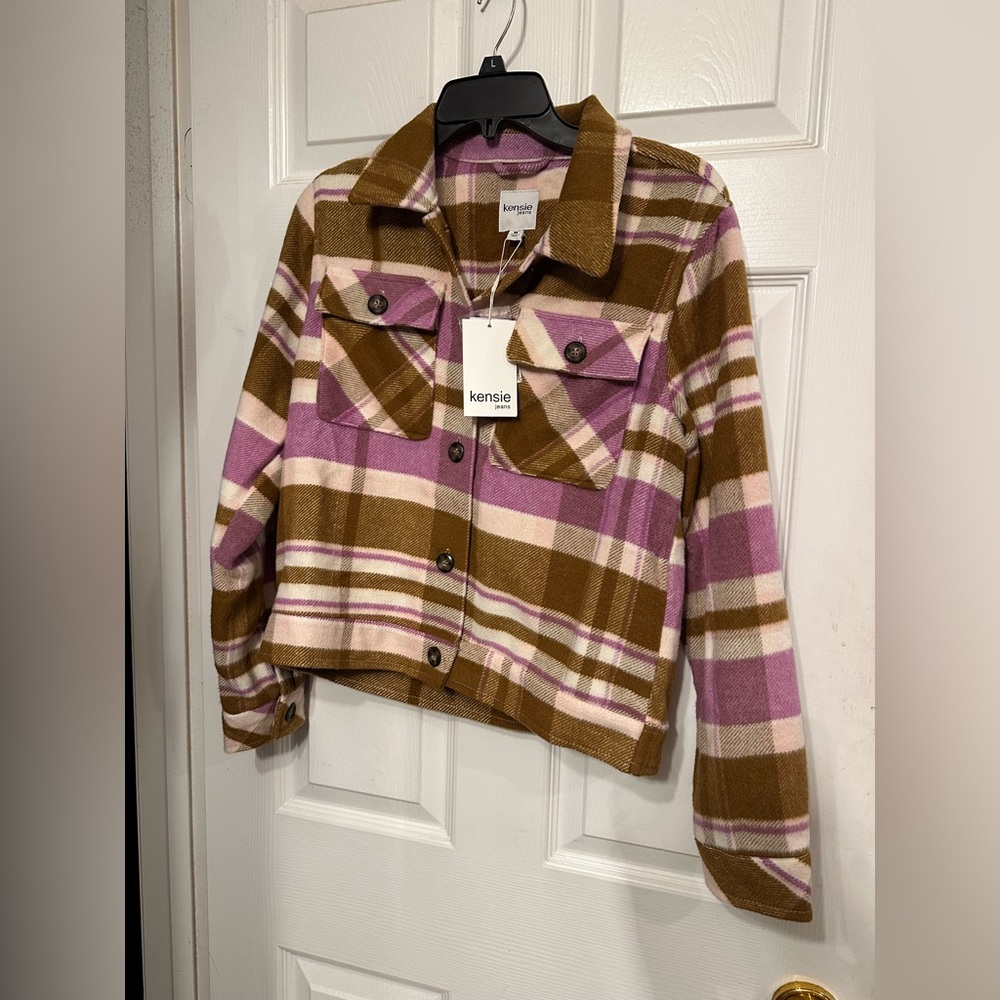 NWT Kensie Jeans Size M Lavender, Brown & White Plaid Flannel Shacket Pockets